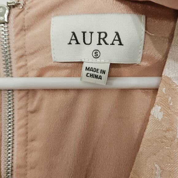 NWT Aura by Red Dress Shiny Cream/Pink Fit & Flare Tiered Mini Dress Size S - Picture 7 of 9